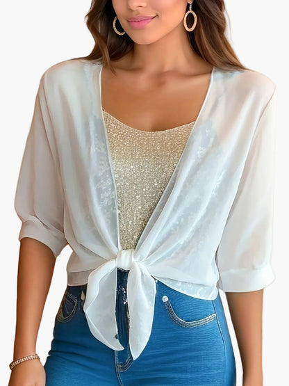 Women's Crop Blouse with Knot Detail and Half Sleeves – Fashionable for Everyday and Leisure