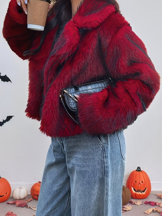 Short faux fur jacket, red and black patterned, with a wide collar