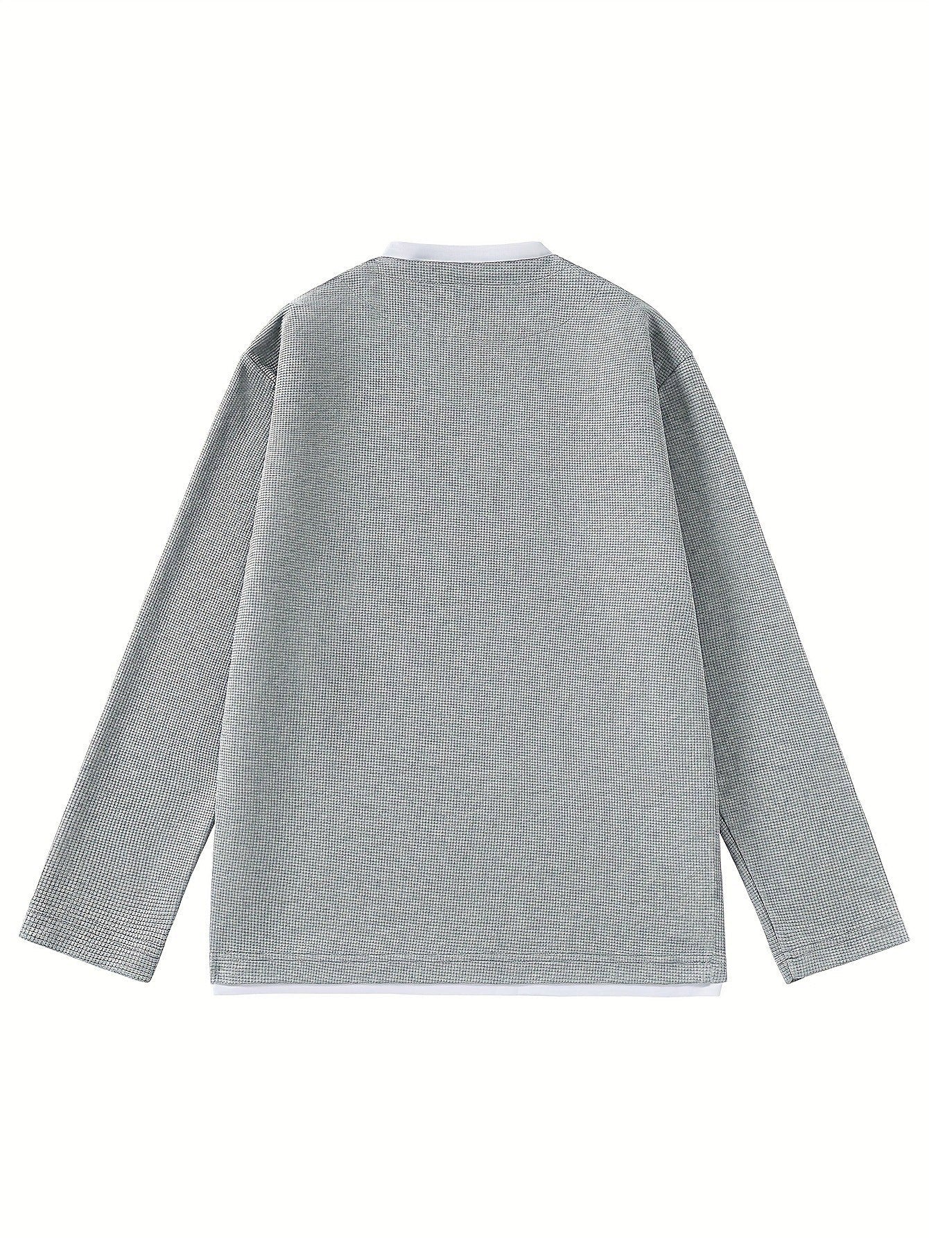 Men's Long-Sleeve Sweater, Waffle Texture, V-Neck, Two-Layer Look, Gray/Black