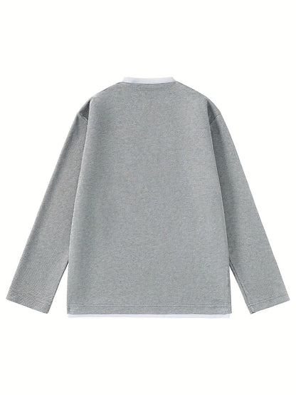 Men's Long-Sleeve Sweater, Waffle Texture, V-Neck, Two-Layer Look, Gray/Black