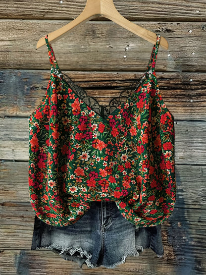 Women's summer top with floral pattern and lace trim, casual spaghetti strap tank top