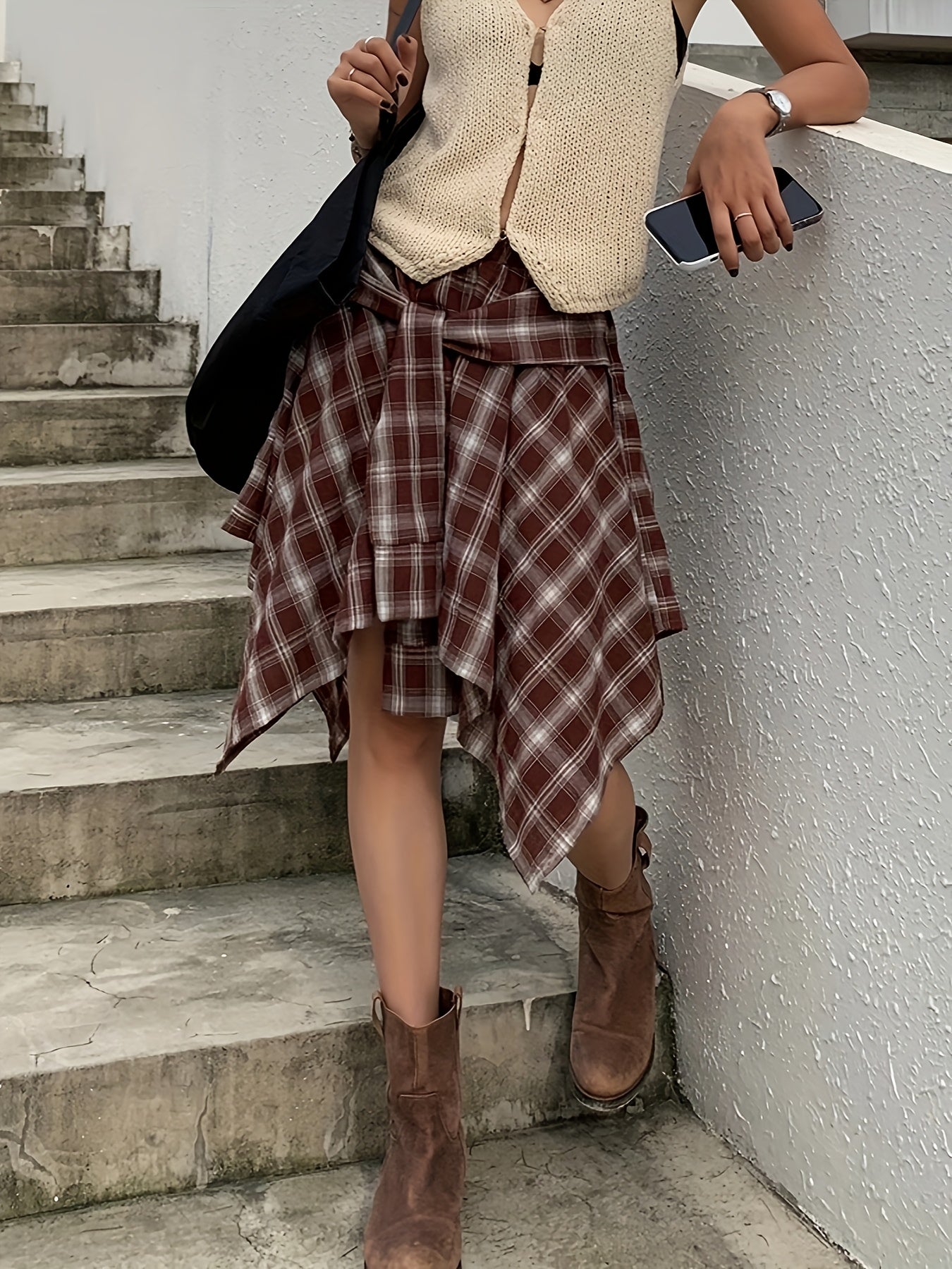 Women's Asymmetric Street-Style Skirt with Checkered Pattern and Knot Detail – Urban Casual Look