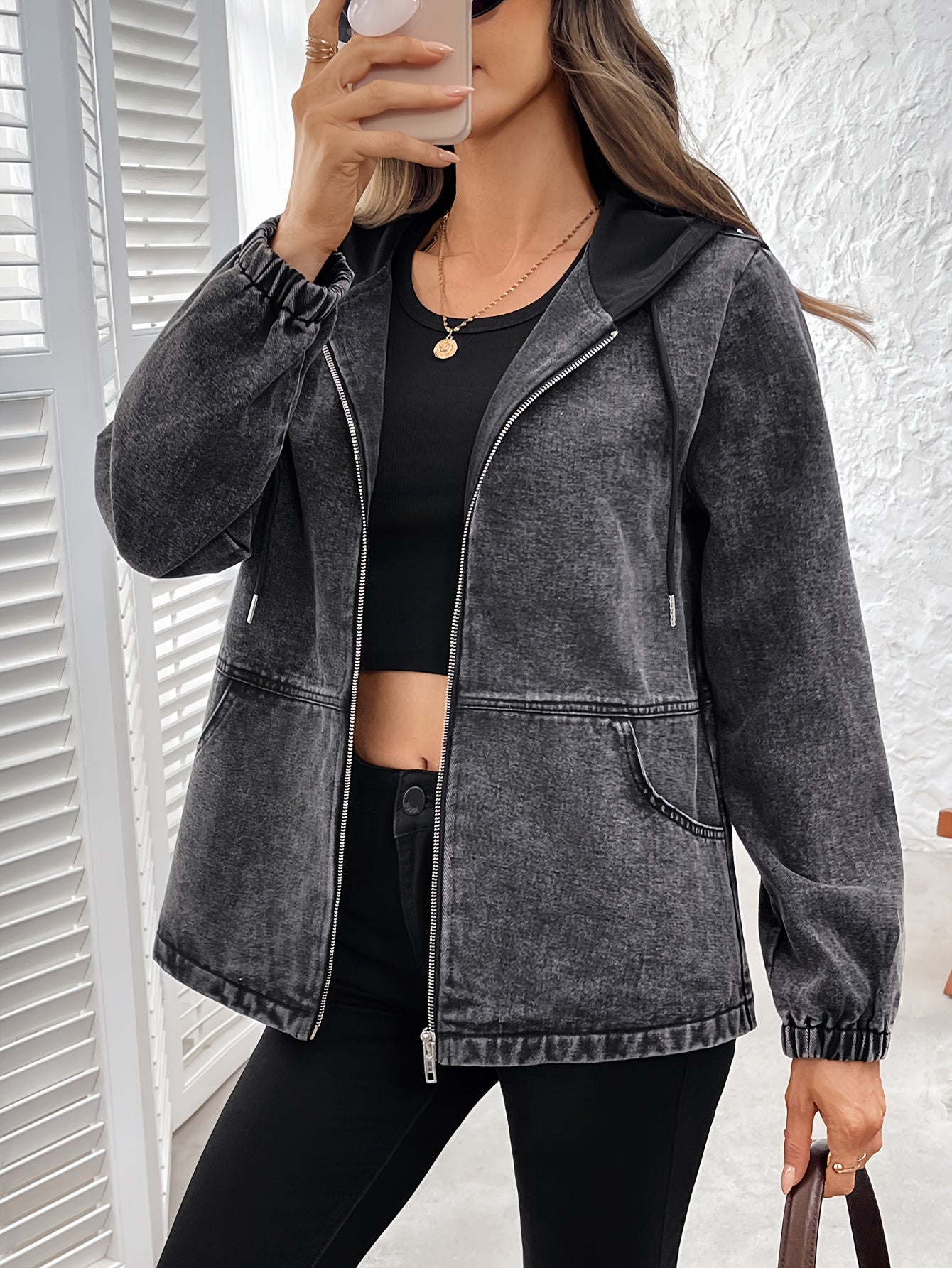 Damen Jacke mit Kapuze und Reißverschluss, Washed-Effekt Grau, Elastische Ärmelbündchen