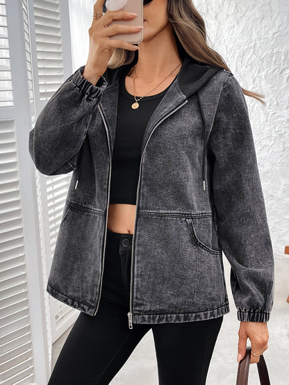 Damen Jacke mit Kapuze und Reißverschluss, Washed-Effekt Grau, Elastische Ärmelbündchen