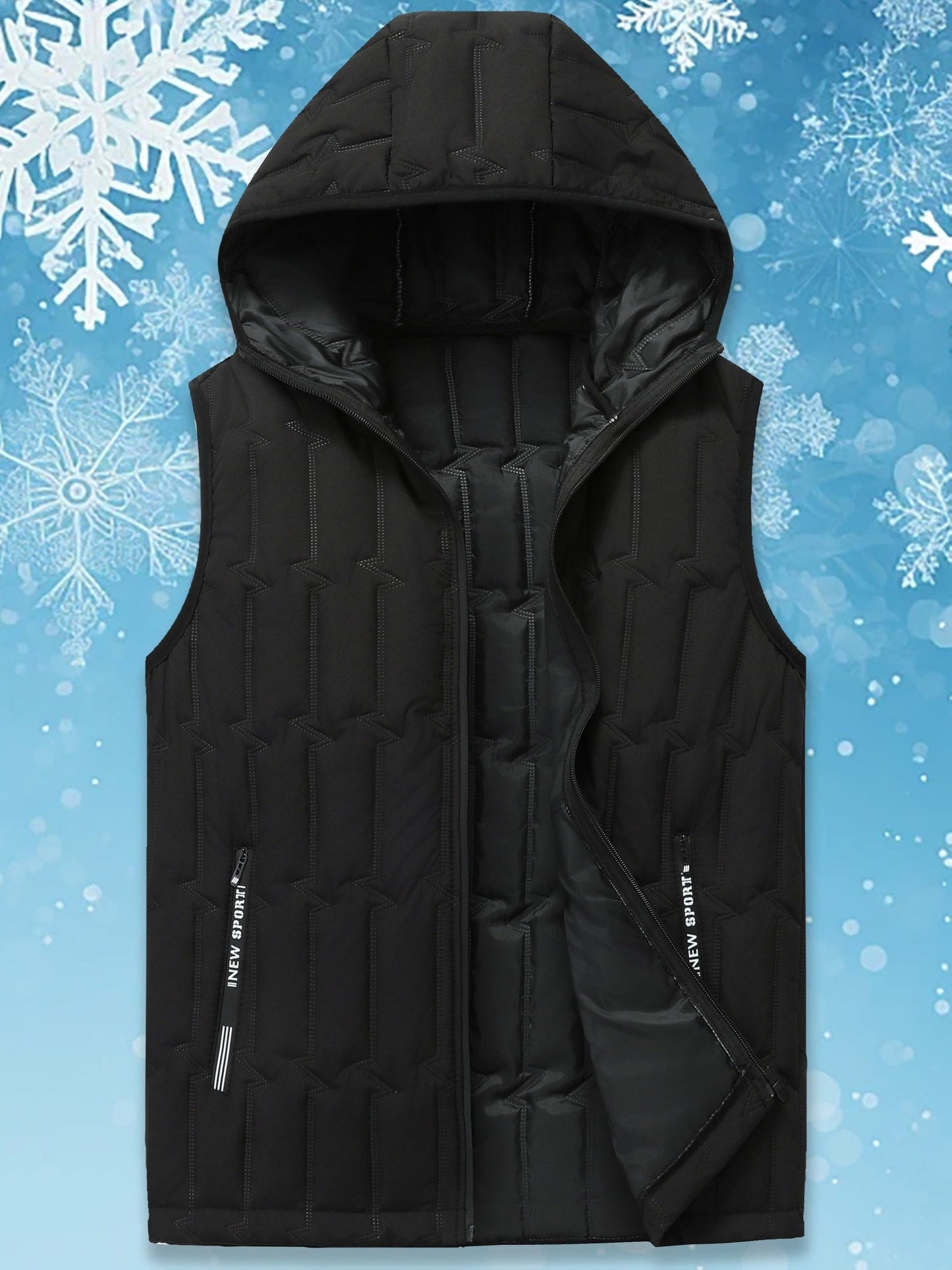 Men's black quilted vest with hood, sleeveless jacket