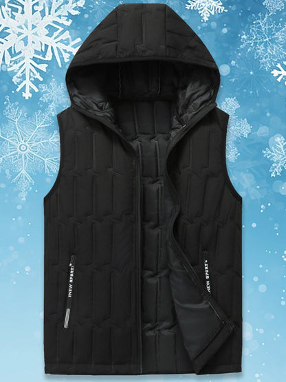 Men's black quilted vest with hood, sleeveless jacket