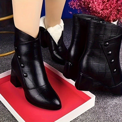 Damen Stiefeletten Schwarz mit Strukturmuster und Zierknöpfen