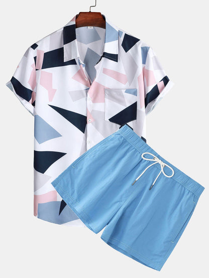Men's Summer Casual Two-Piece with Abstract Print – Fashionable Short-Sleeve Shirt & Shorts Set for Vacation and Everyday Wear