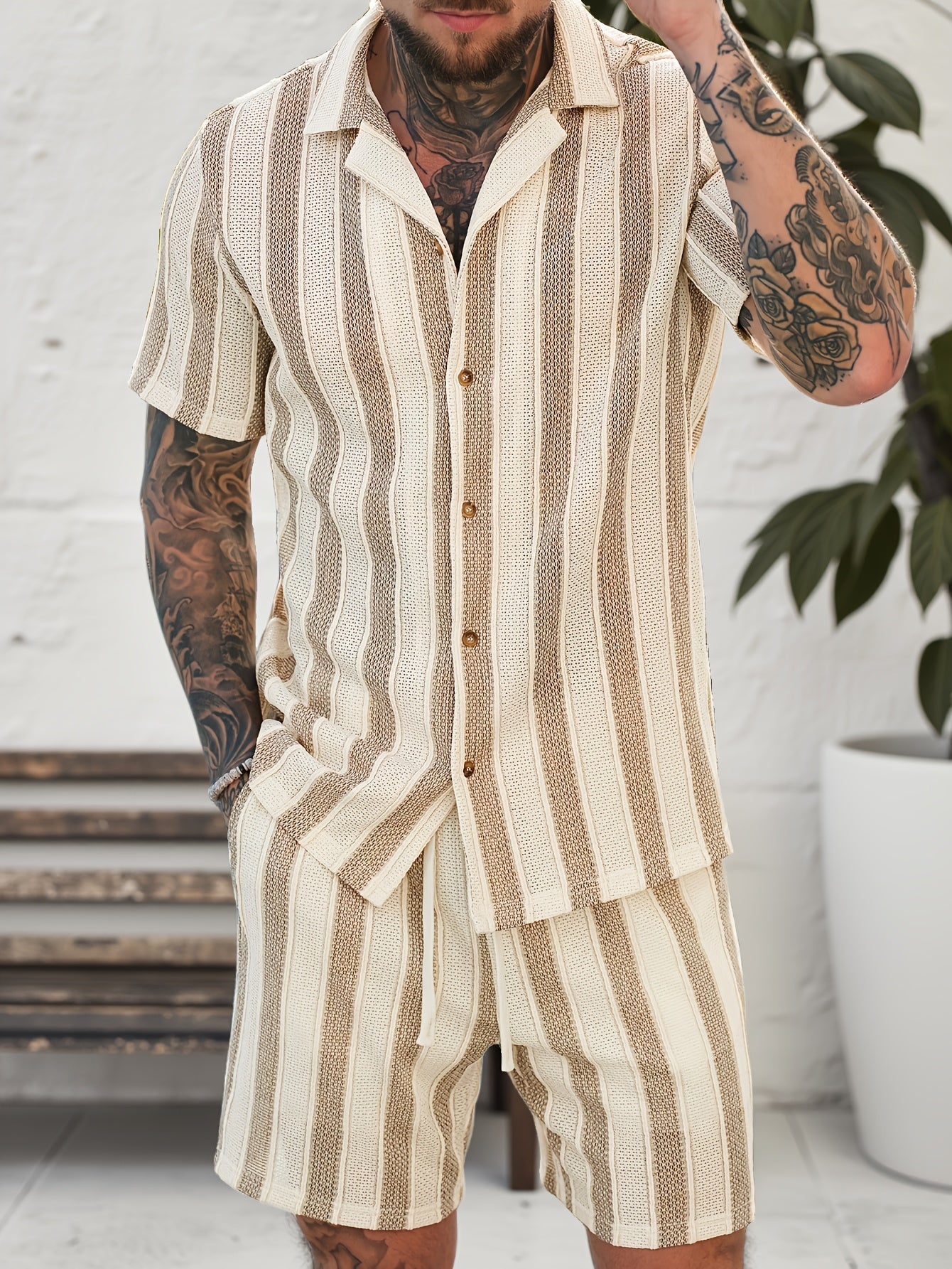 Men's Summer Set – Striped Casual Outfit with Short-Sleeve Shirt and Shorts, Ideal for Vacation & Everyday Wear