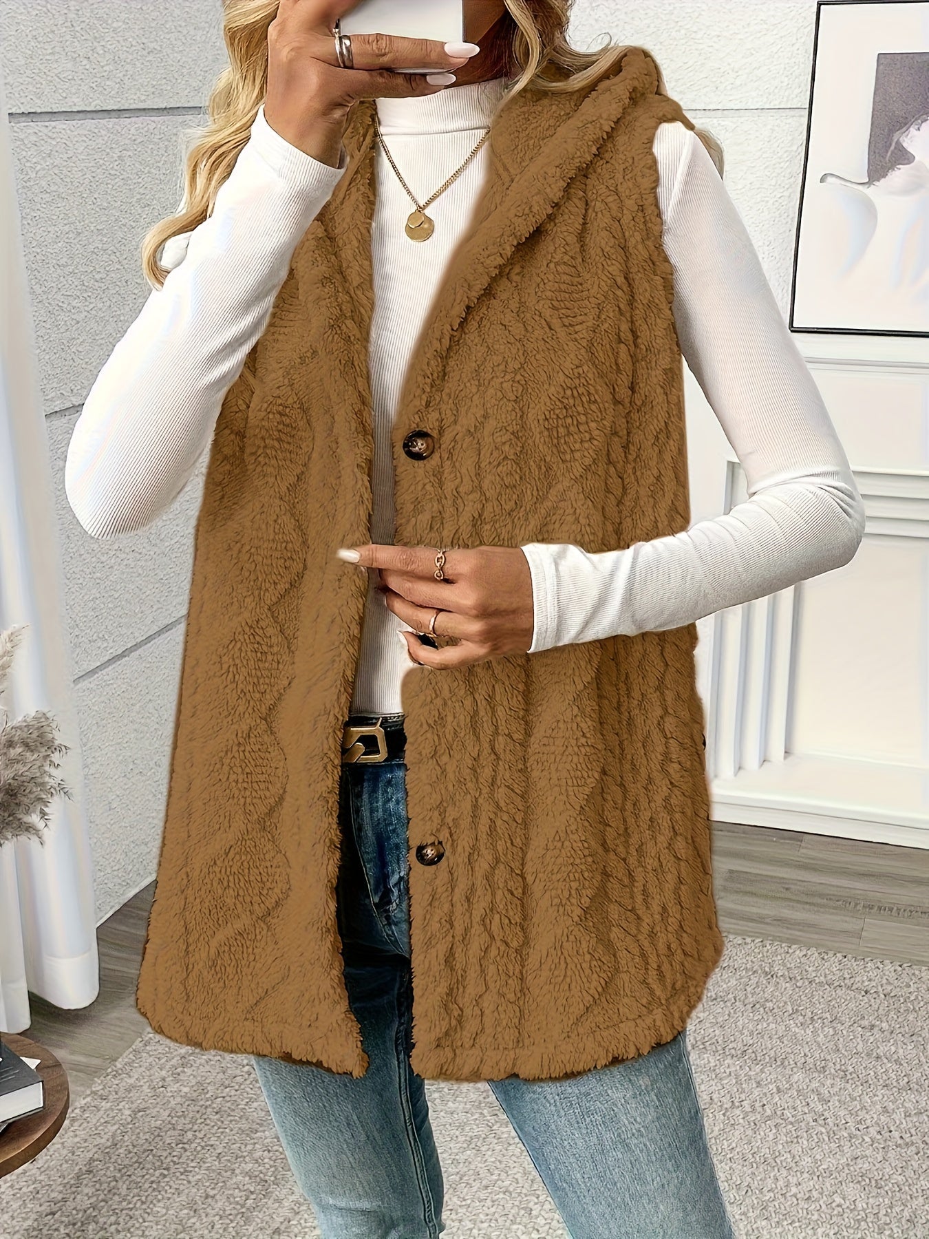 Women's knitted vest with hood and buttons – Elegant casual vest for autumn and winter