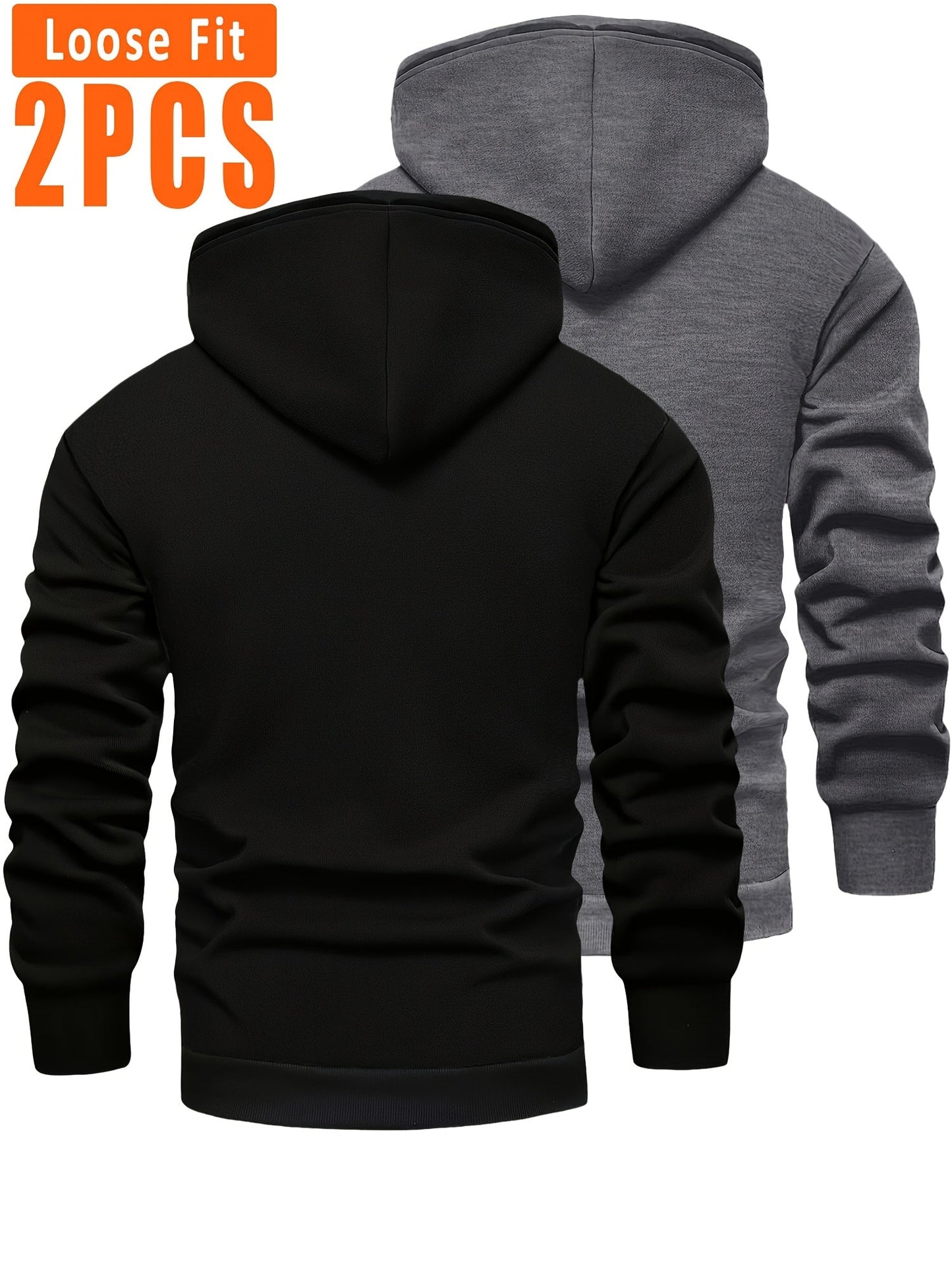 2-pack of men’s hooded sweatshirts, fleece-lined, with kangaroo pockets and drawstrings, black & dark gray