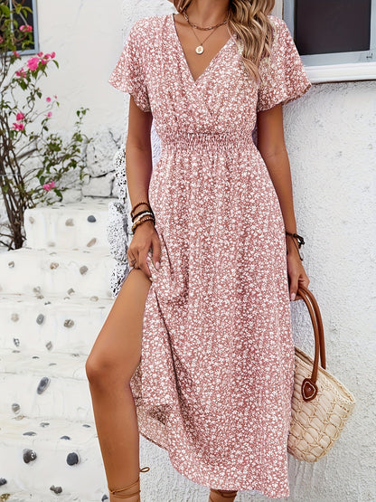 Damen Sommerkleid Elegant mit V-Ausschnitt und Blumenmuster – Perfekt für Freizeit, Urlaub und Alltag