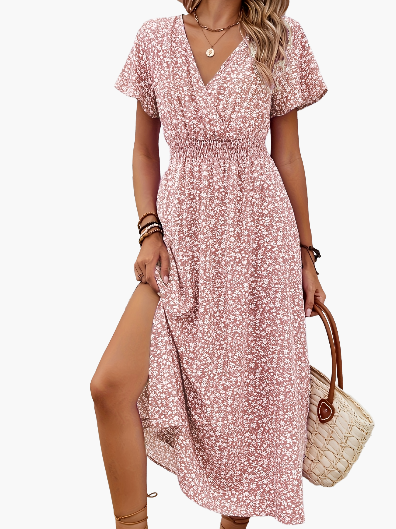 Damen Sommerkleid Elegant mit V-Ausschnitt und Blumenmuster – Perfekt für Freizeit, Urlaub und Alltag