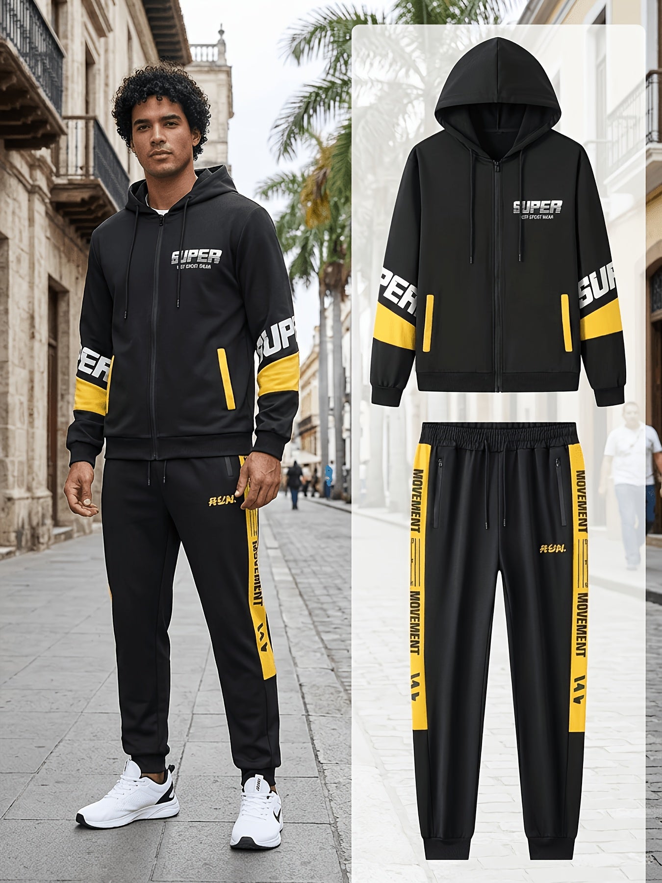 Men's sports tracksuit with a zip-up hooded jacket and striped joggers