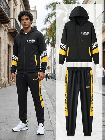 Men's sports tracksuit with a zip-up hooded jacket and striped joggers