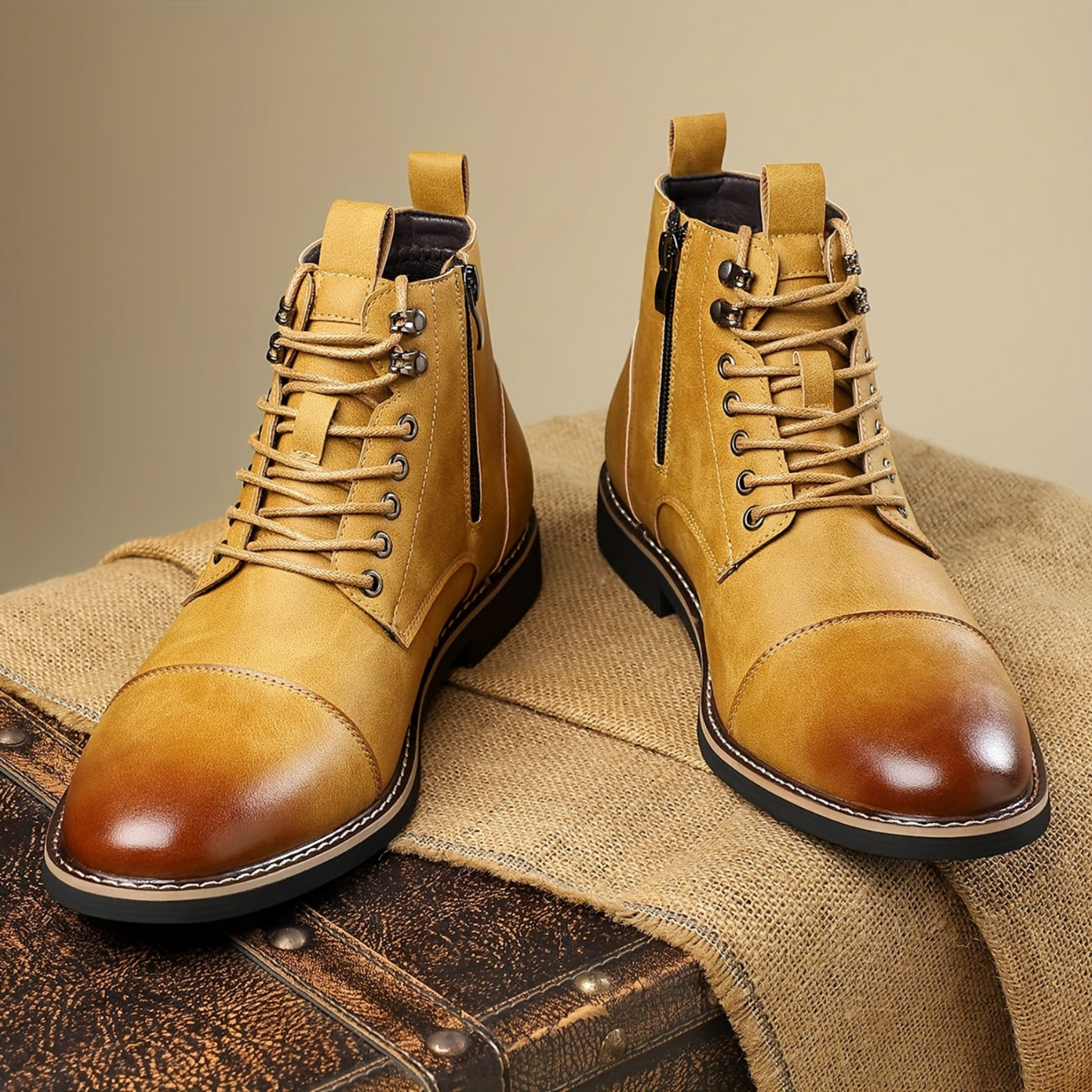 Herren Stiefel Schnürschuhe mit Reißverschluss und Zehenkappe