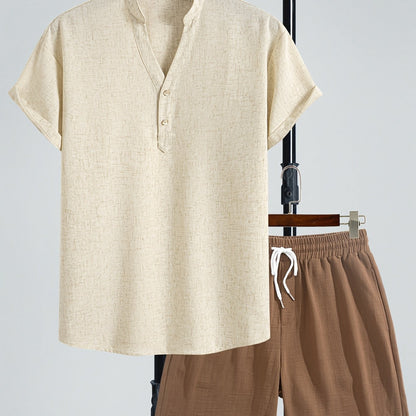 Men's Two-Piece Casual Set with Henley Shirt and Shorts – Modern Summer Outfit for Vacation & Everyday Wear