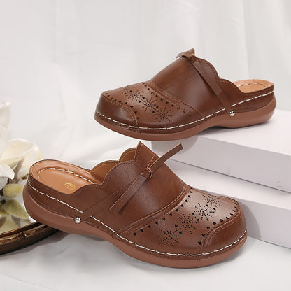 Women's Vintage Slide Sandals with Perforated Pattern and Platform Heel – Comfortable Slip-On Shoes for Everyday and Leisure