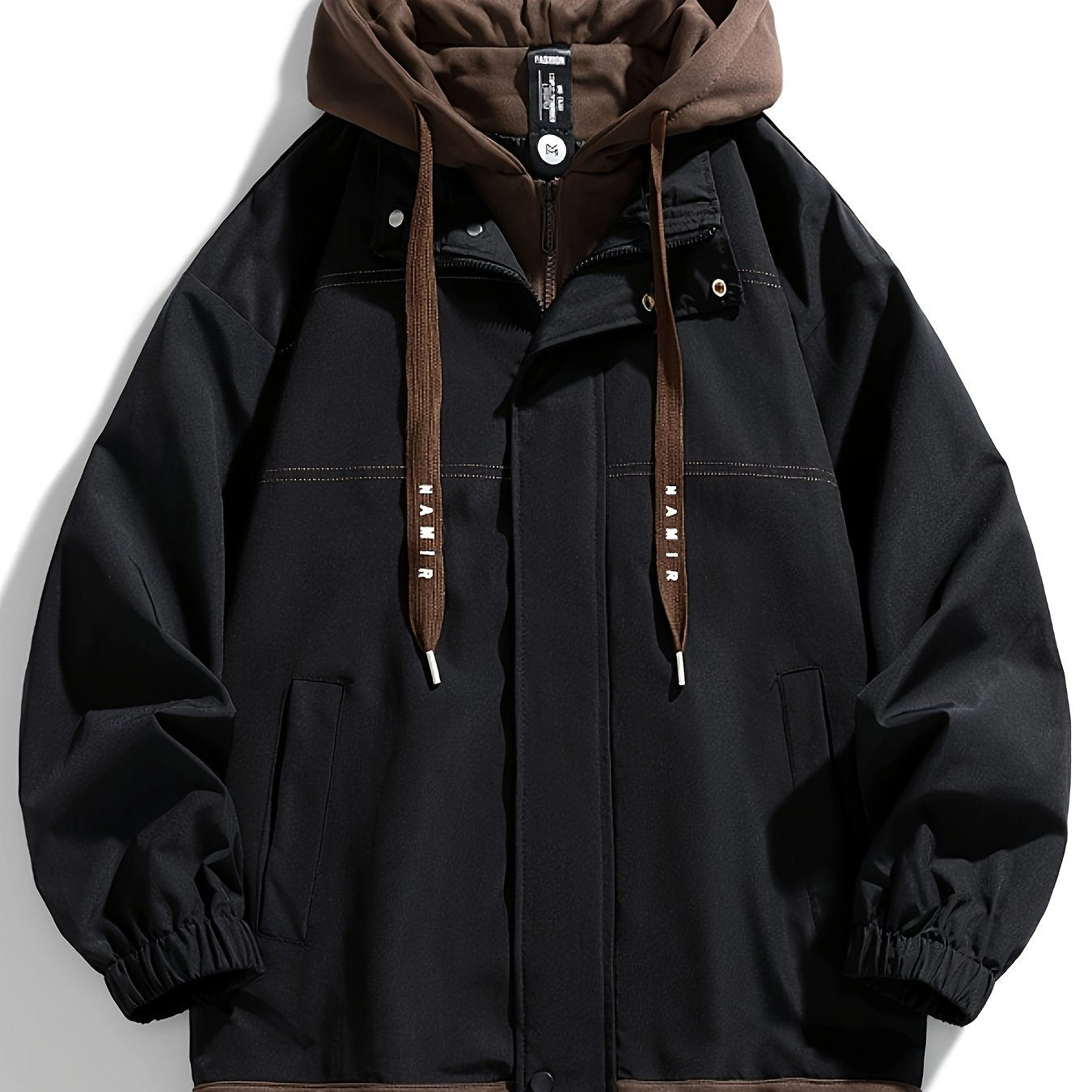 Unisex transitional jacket with hood and zipper, two-in-one look, black/brown