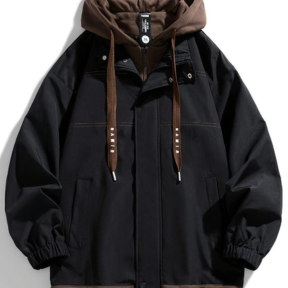 Unisex transitional jacket with hood and zipper, two-in-one look, black/brown