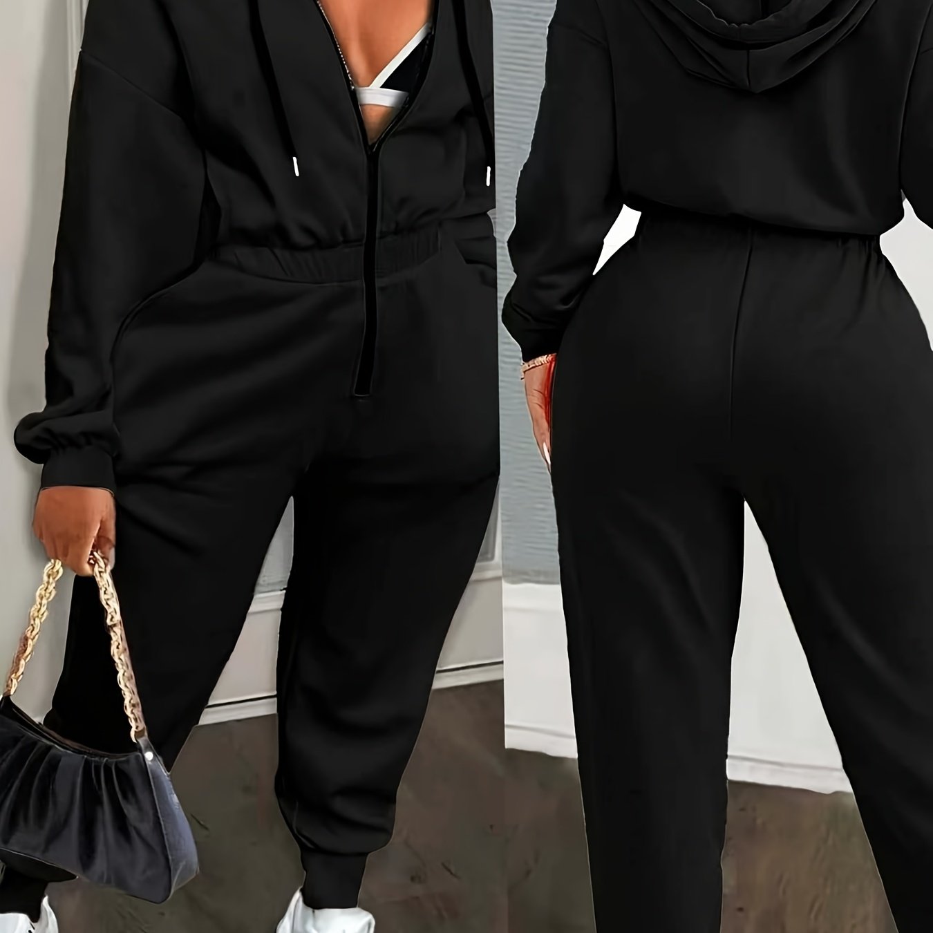 Women's jumpsuit with hood, zipper, and elastic waist