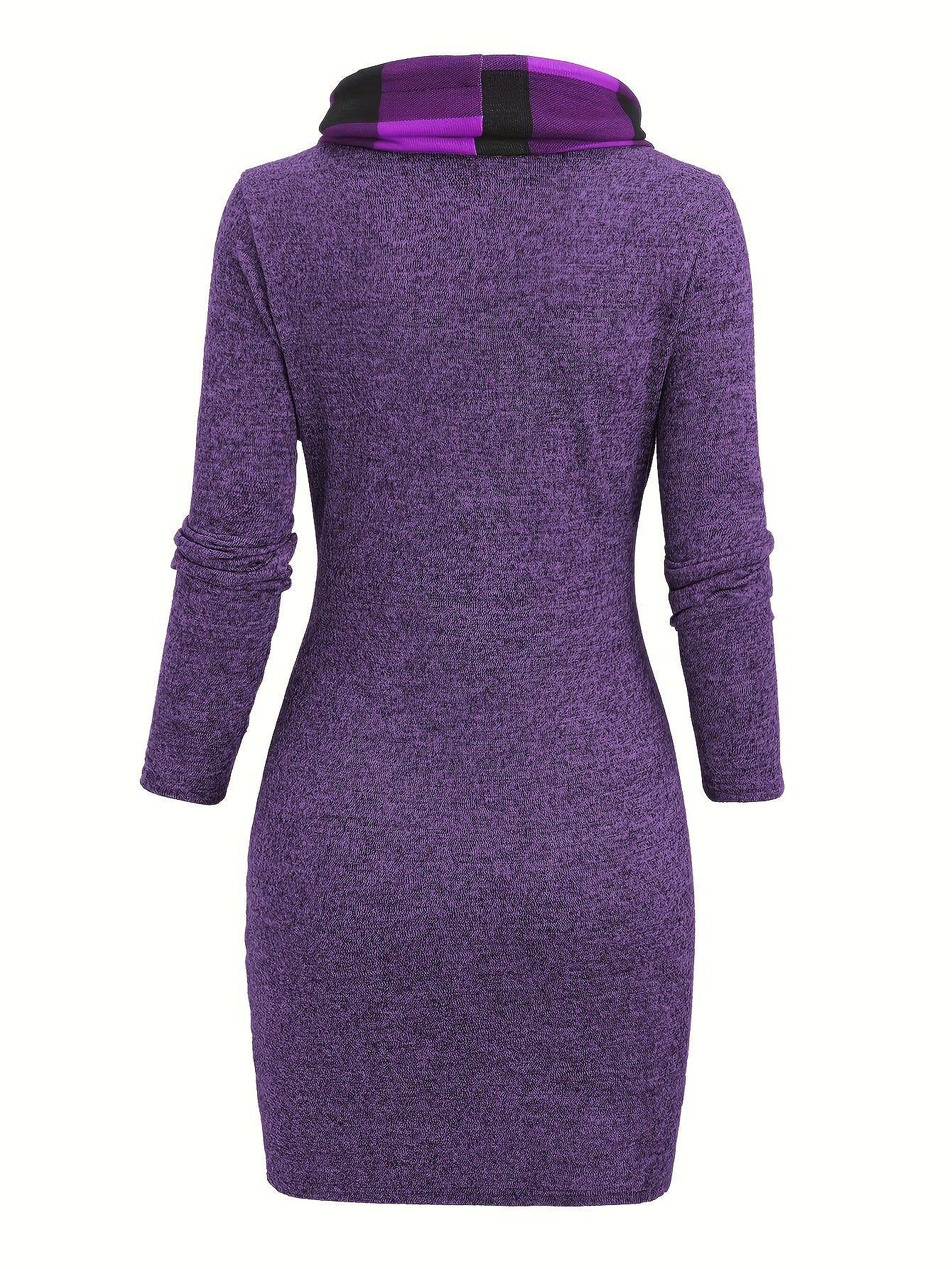 Damen Pulloverkleid mit Rollkragen, kariertem Einsatz & Knöpfen, Langarm, tailliert