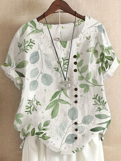 Women's Vintage Blouse with Floral Pattern and Button Placket – Summer Casual Shirt
