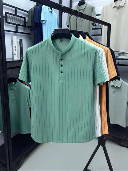 Men's Short-Sleeve Shirt with Stand-Up Collar and Pinstripes – Modern Casual and Business Design