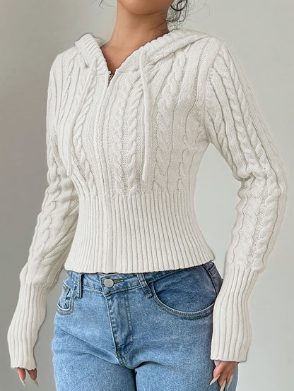 Damen Strickpullover Hoodie Crop Top Zopfmuster Reißverschluss