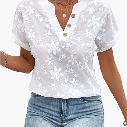 Women's blouse with floral embroidery and V-neck – summer elegance for everyday and leisure