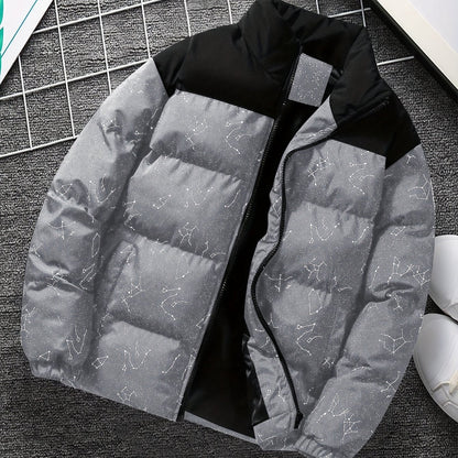 Padded jacket with constellation print, zipper, and stand-up collar