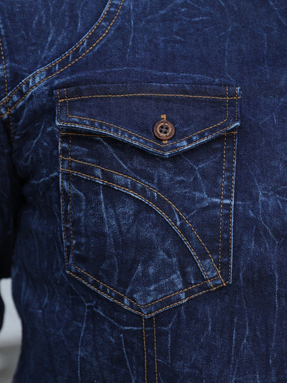 Men's long-sleeve dark blue denim shirt with chest pockets in a worn look