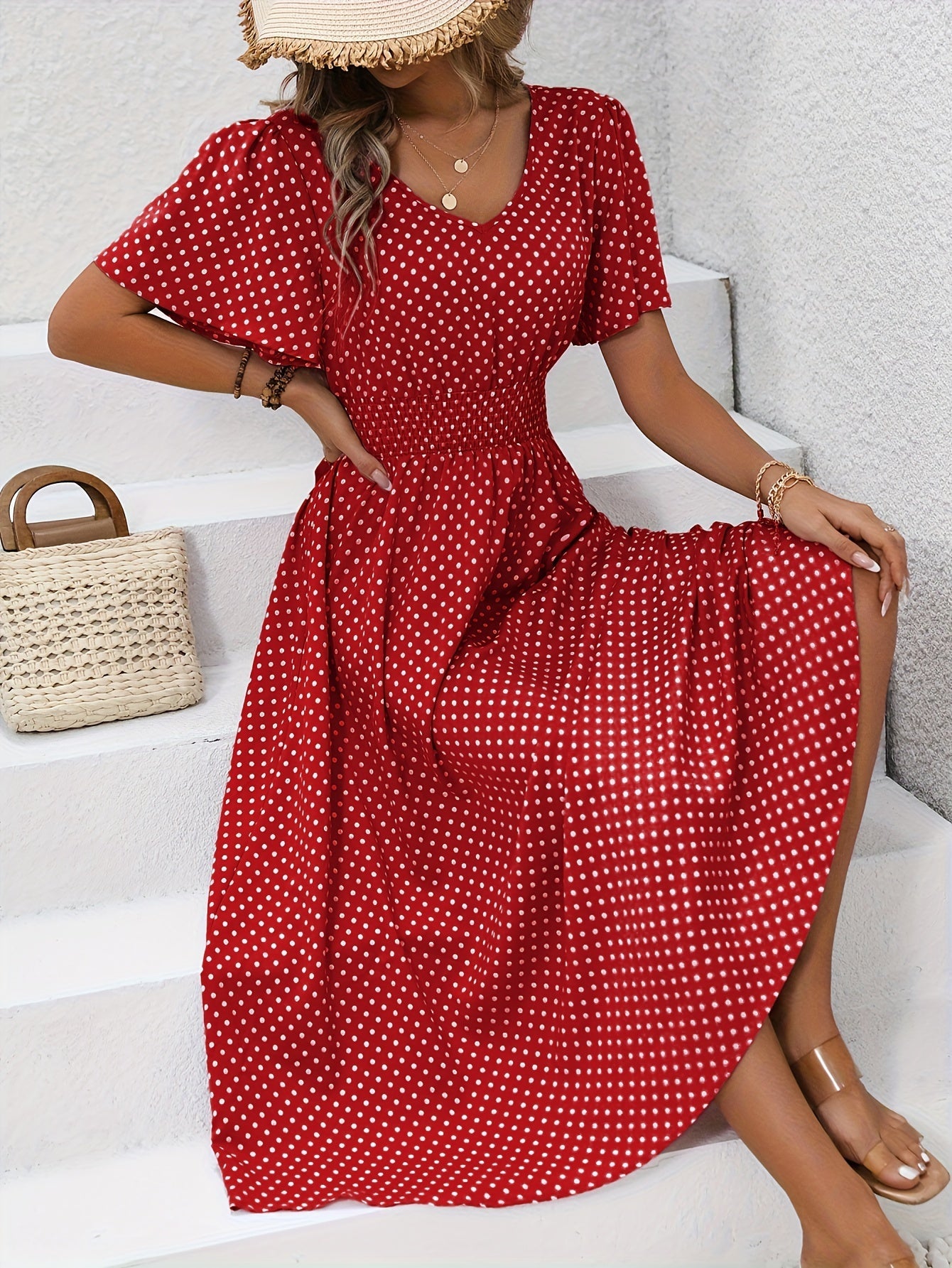 Women's Summer Polka Dot Maxi Dress with Short Sleeves and V-Neck – Casual & Vacation
