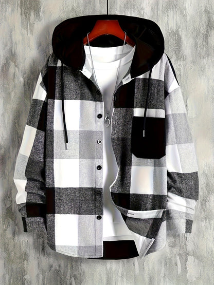 Men's checkered hooded shirt, button placket, black and white