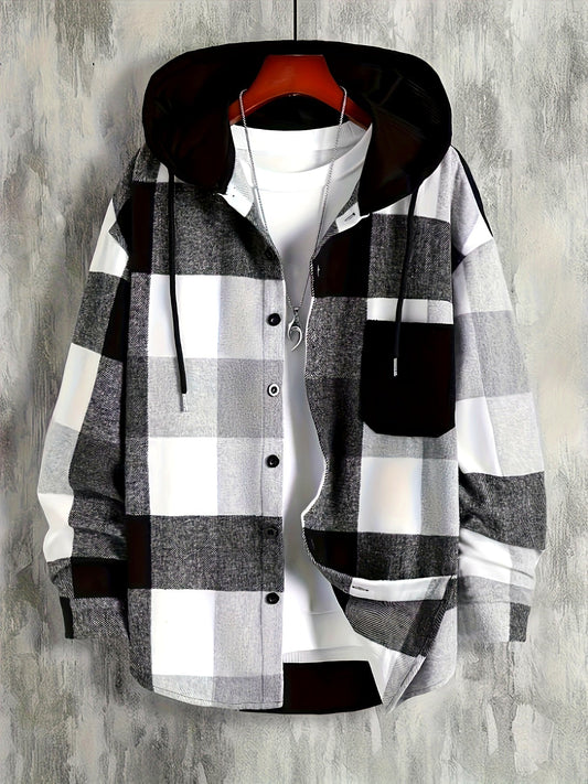 Men's checkered hooded shirt, button placket, black and white