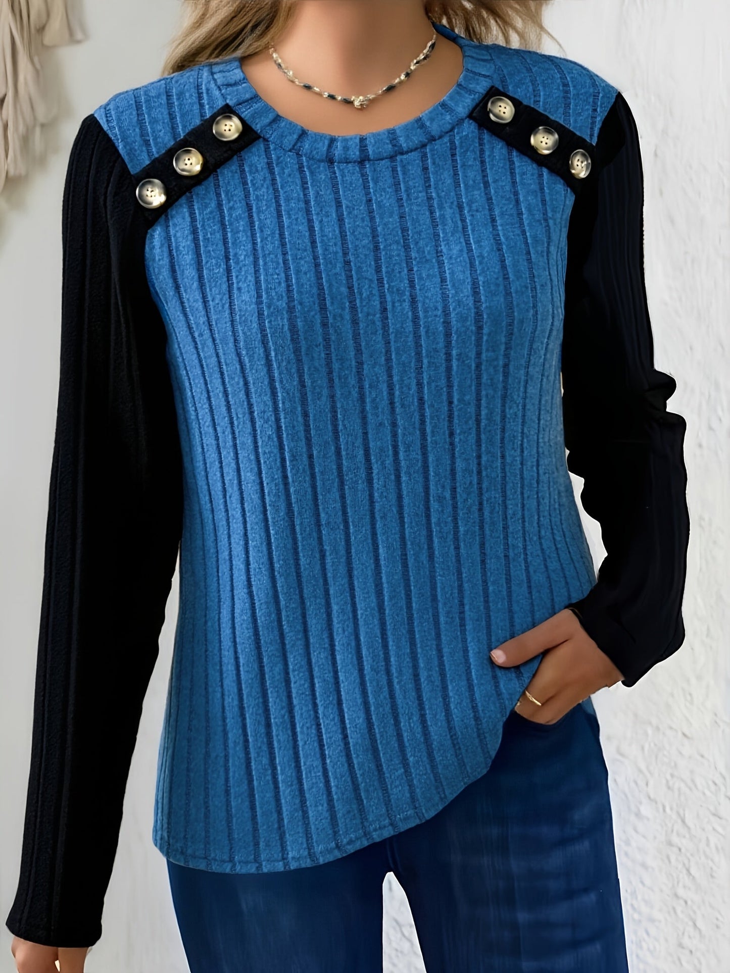 Damen Langarmshirt Gerippt mit Knopfleiste Kontrastärmel Schwarz
