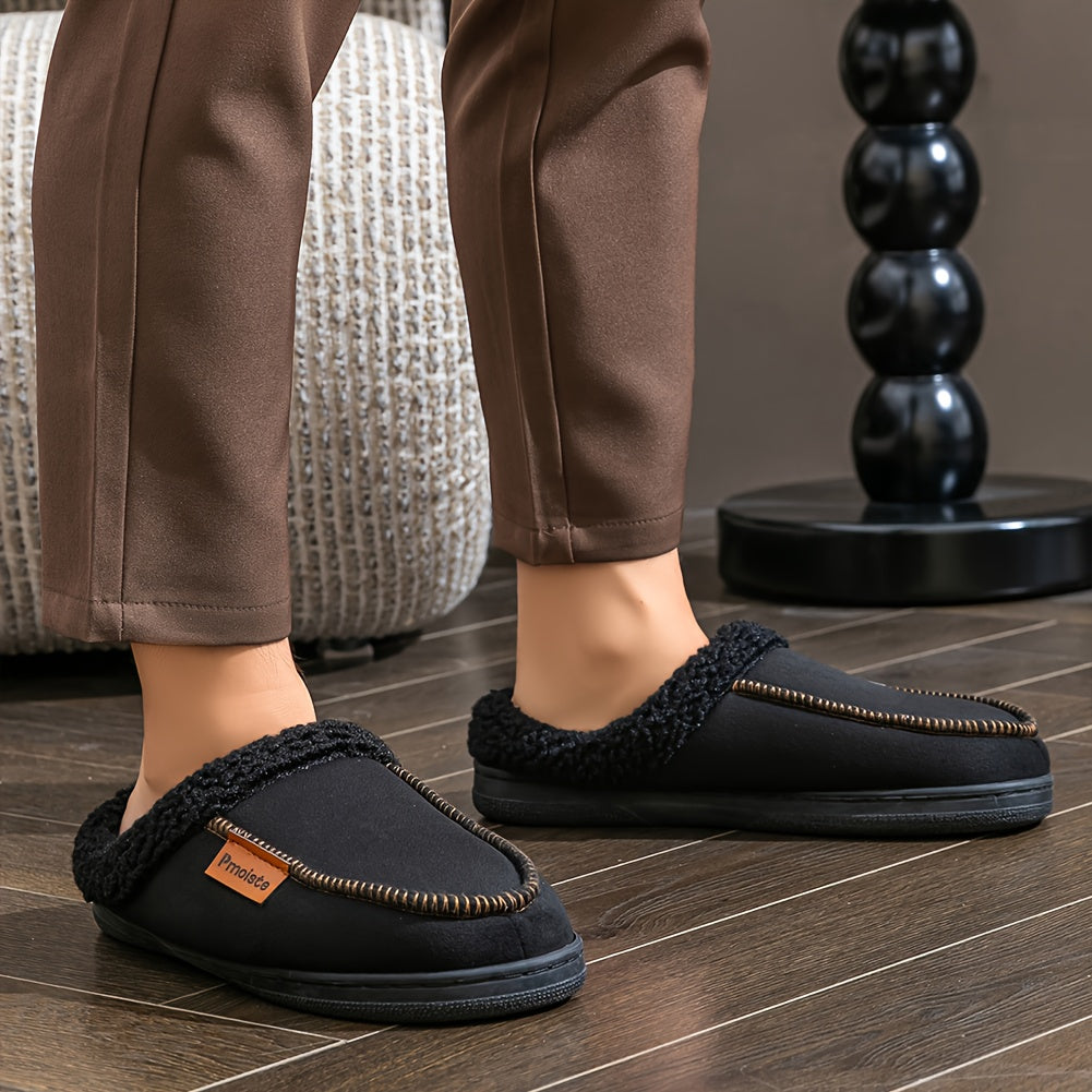 Men's plush-lined slippers, cozy winter footwear, black