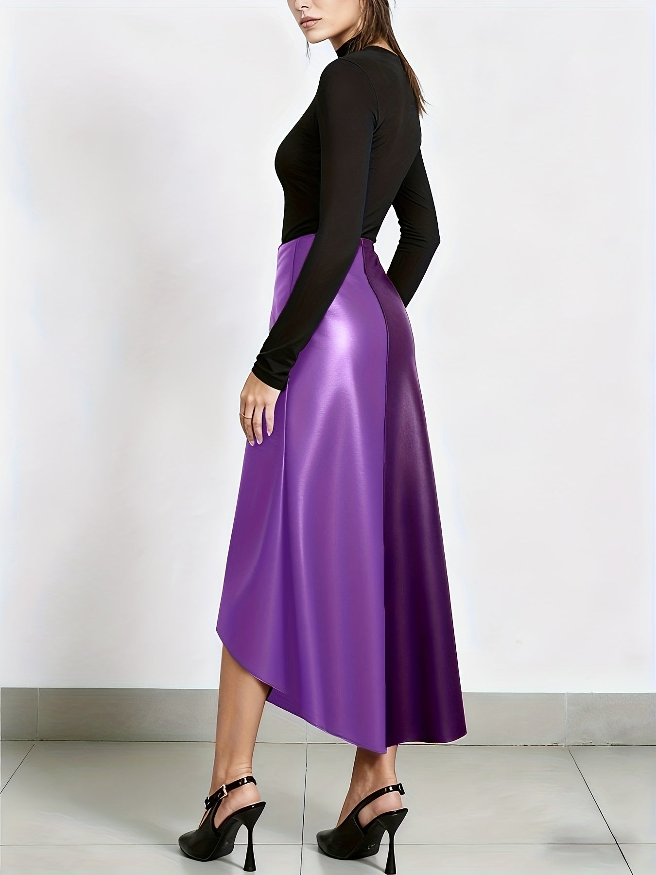 Color-block midi skirt with an asymmetrical faux-leather hem