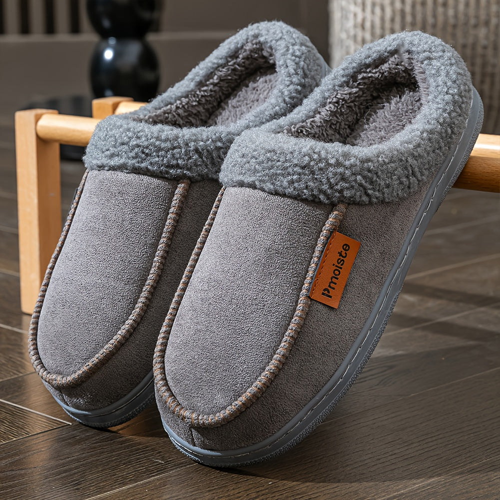 Men's plush-lined slippers, cozy winter footwear, black