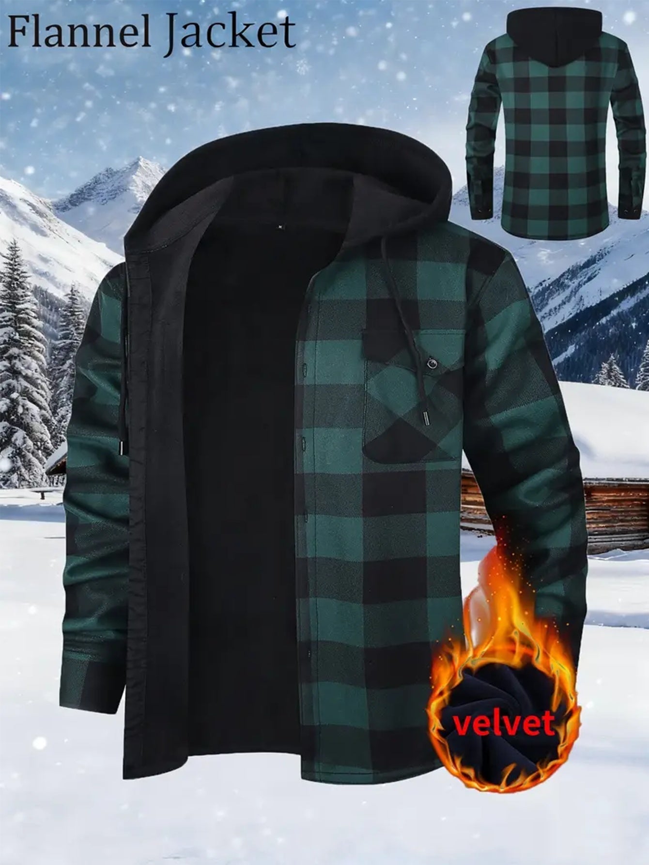 Men's checked flannel shirt with hood, lined, warm casual jacket, long sleeve
