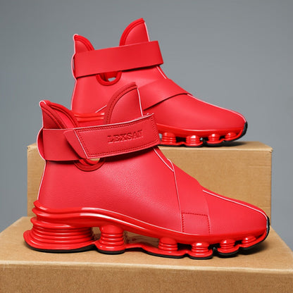 Men's black high-top sneaker boots with a red sole, laces, and Velcro closure