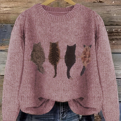 Women's knitted sweater with round neckline and cat motif
