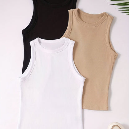 Damen Sportliche Basic Tanktops 3er Pack – Ärmellos, Rundhals, Sommer Freizeit