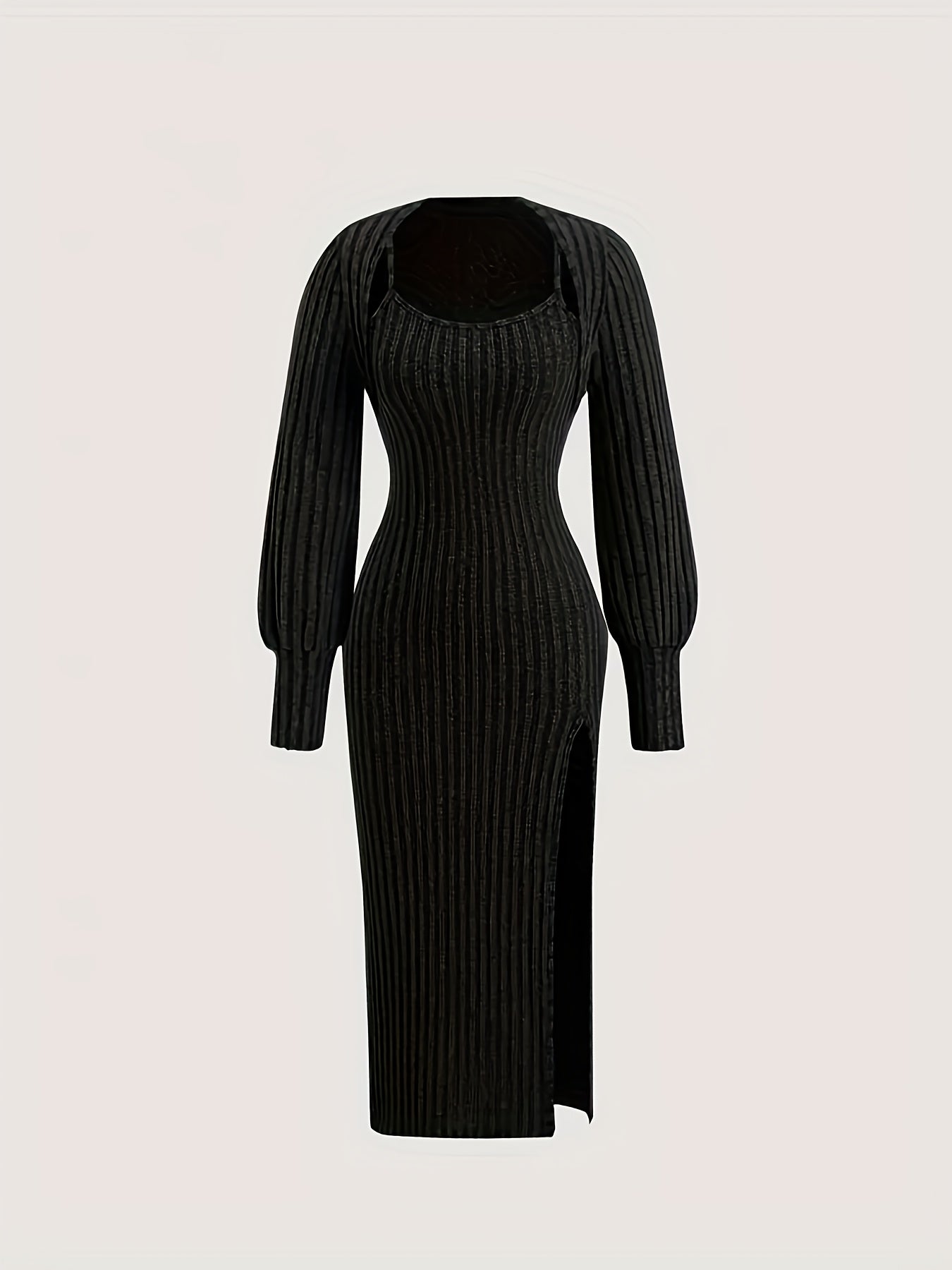 Women's ribbed spaghetti-strap dress and bolero knit set with side slit