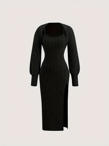 Women's ribbed spaghetti-strap dress and bolero knit set with side slit