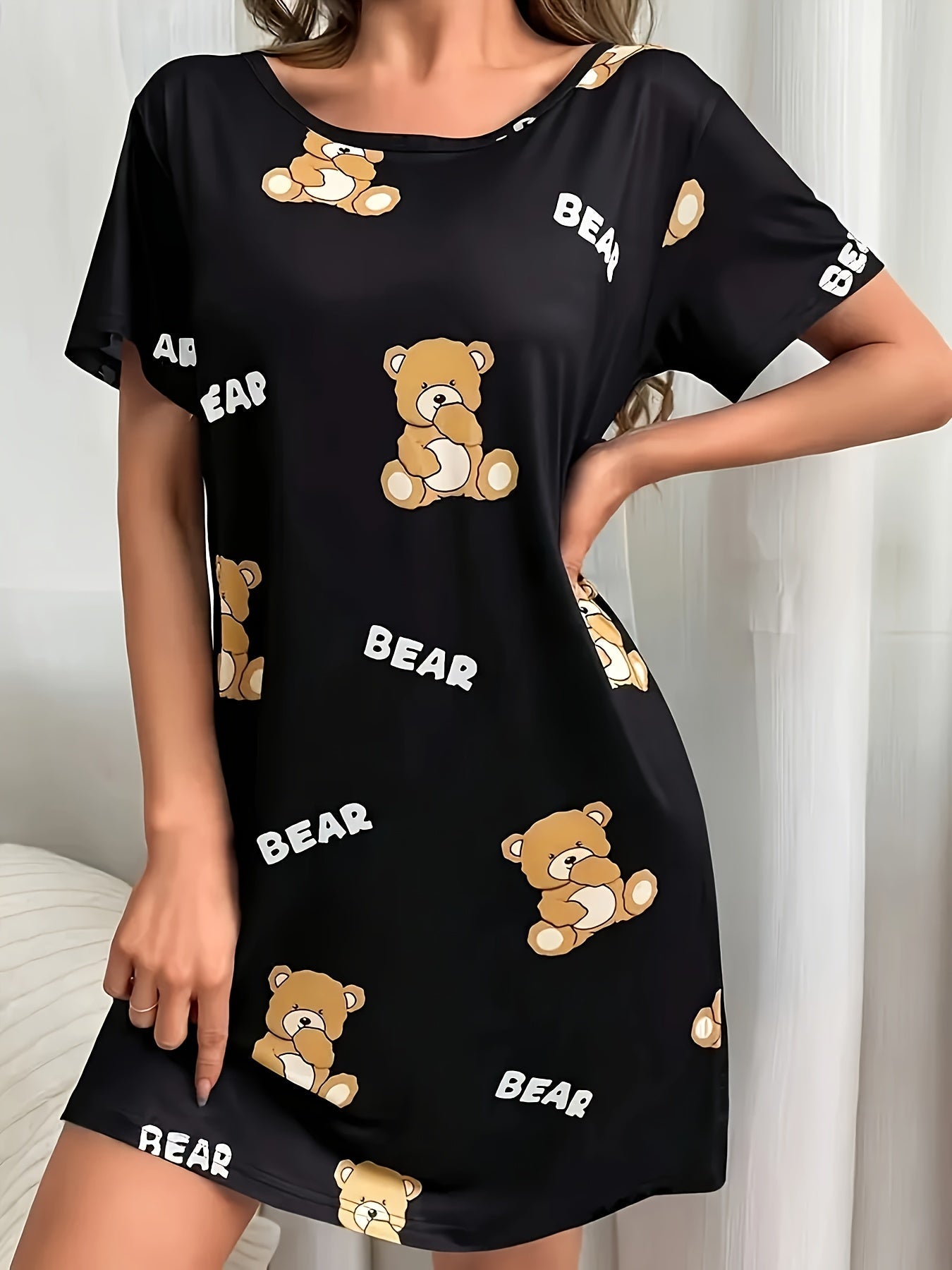 Women's Nightgown with Bear Print, Short Sleeves, Loose Fit, Cute Cartoon Style, For Home & Sleep
