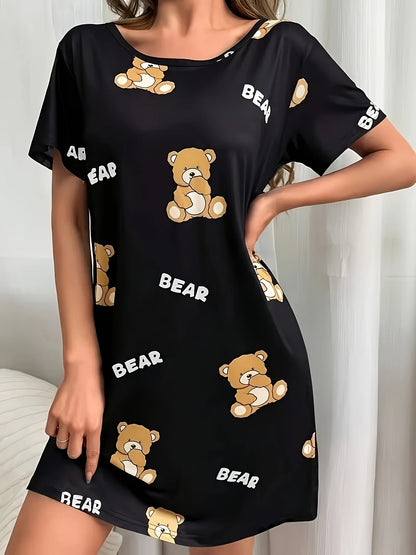 Women's Nightgown with Bear Print, Short Sleeves, Loose Fit, Cute Cartoon Style, For Home & Sleep