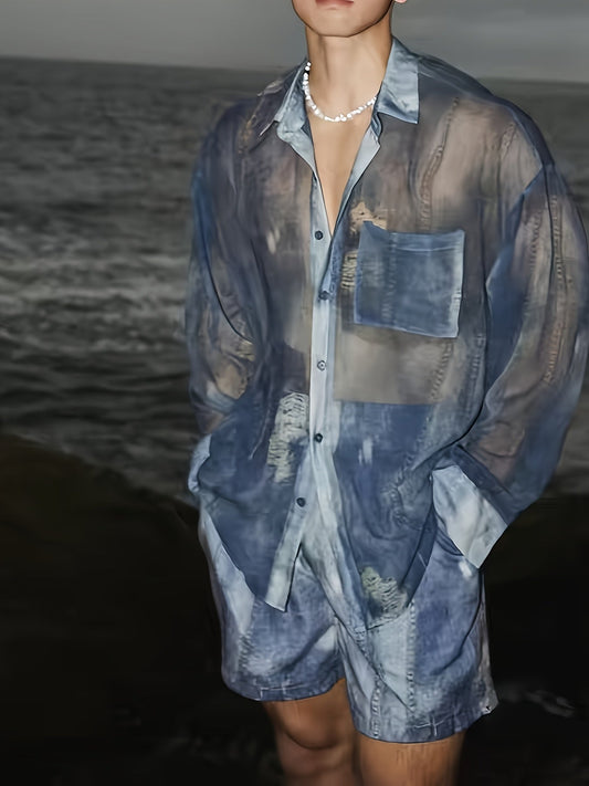 Men's Oversized Transparent Shirt-Shorts Combo – Modern Casual Look for the Beach and Relaxed Evenings