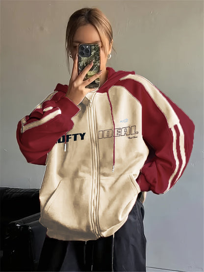 Unisex Kapuzenpullover mit Reißverschluss und Streifen-Design, Rot-Creme