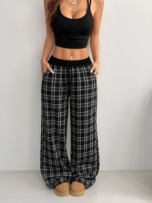 Women's Wide-Leg Plaid Casual Pants with Drawstring – Relaxed Lounge Pants for Everyday and Weekend Wear